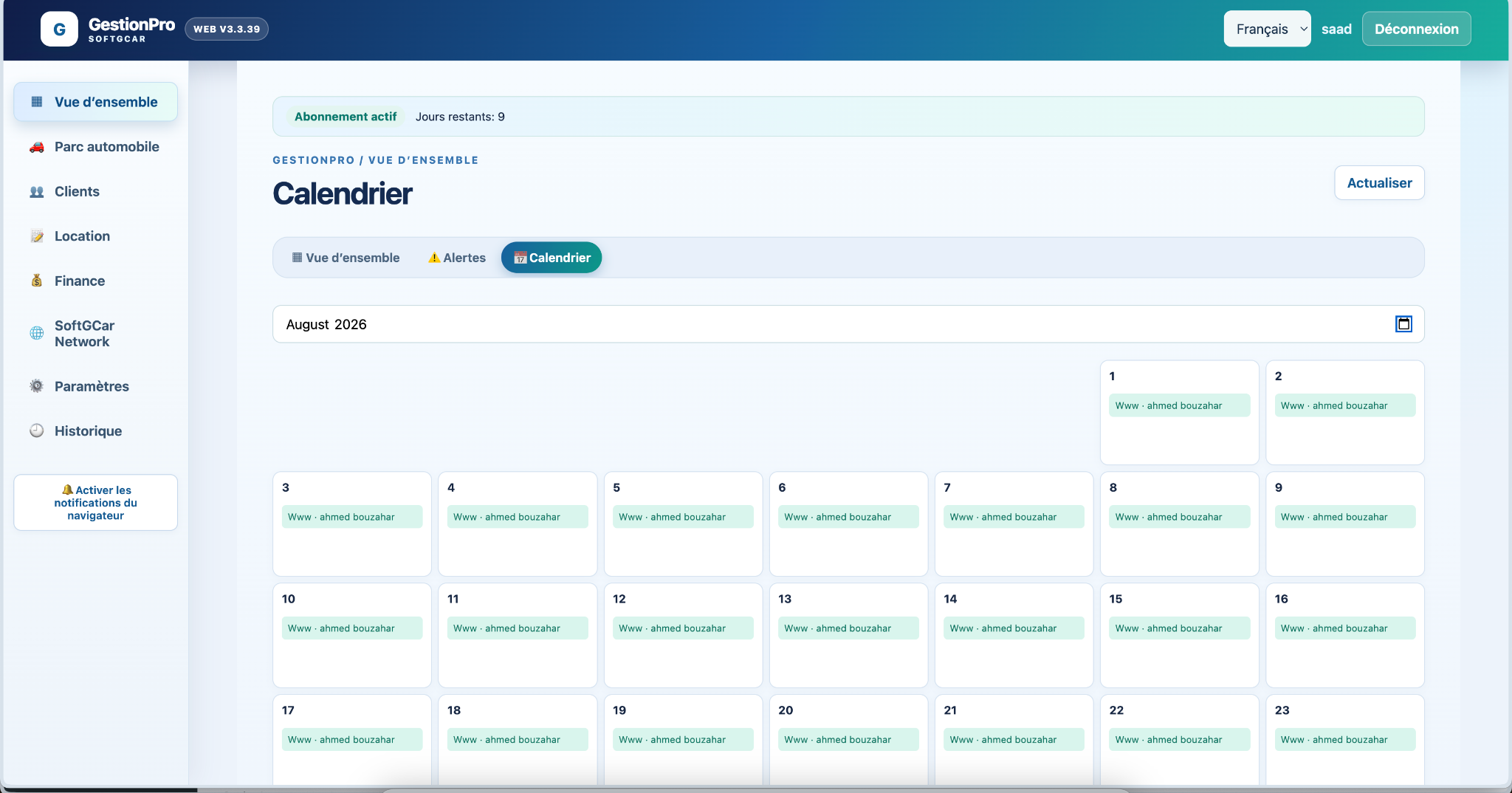 Calendrier web GestionPro SOFTGCAR