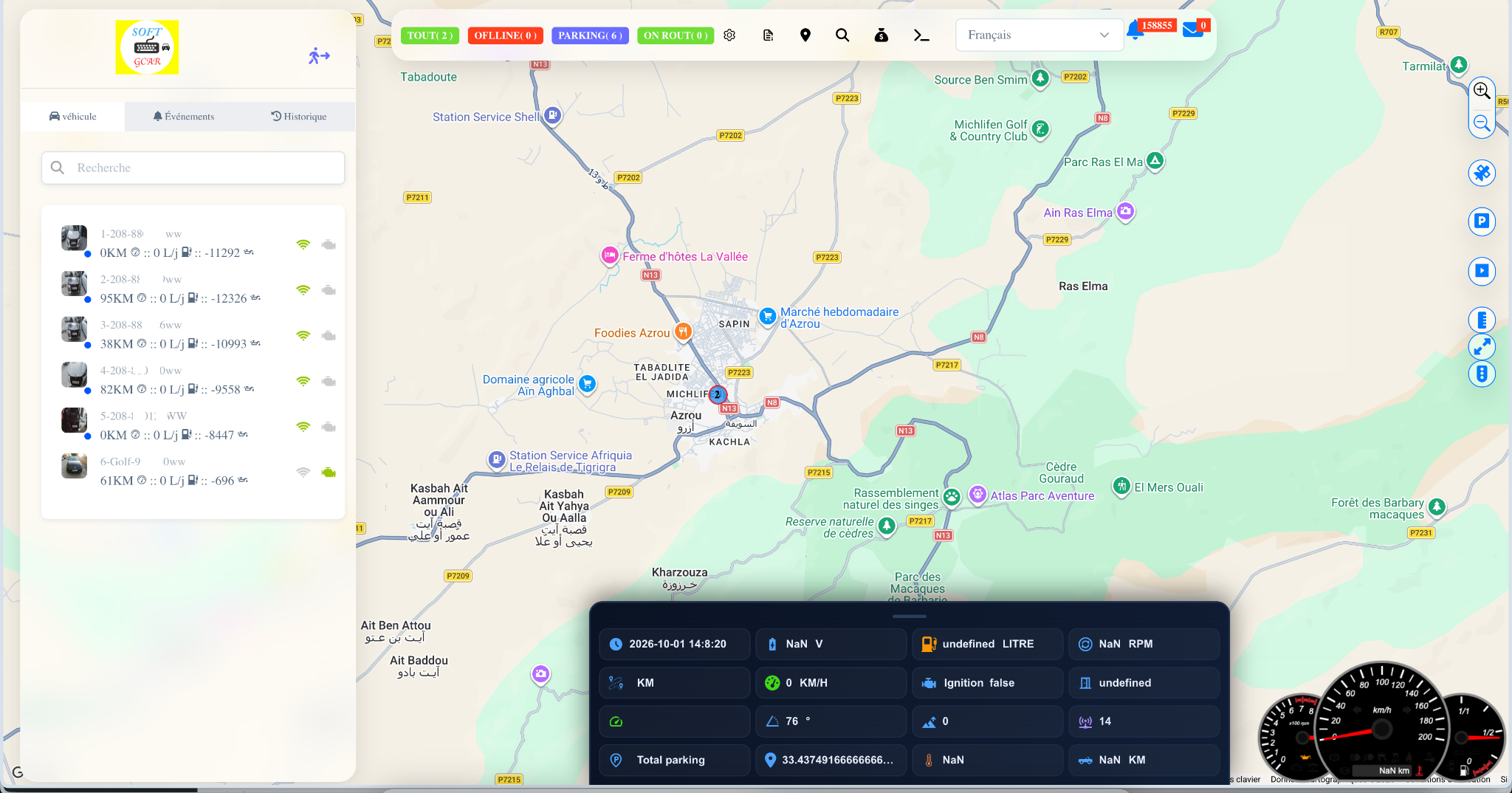 Interface web SOFTGCAR Tracker avec carte et liste des véhicules